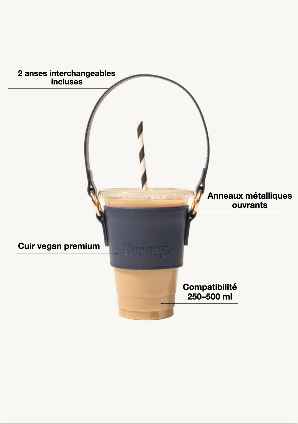 Porte-gobelet KOOMYS bleu en cuir vegan premium, anneaux métalliques ouvrants, 2 anses interchangeables incluses, compatibilité 250–500 ml.