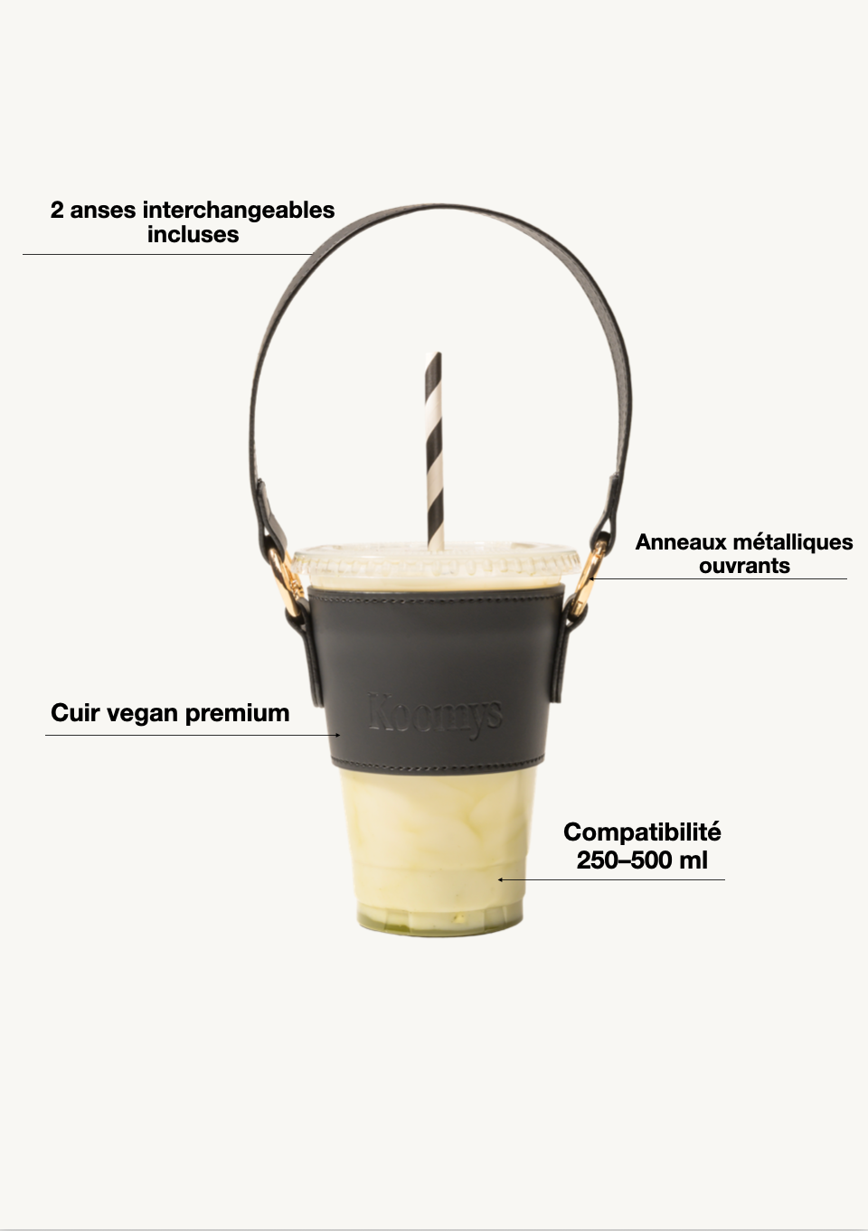 Porte-gobelet KOOMYS noir en cuir vegan premium, anneaux métalliques ouvrants, 2 anses interchangeables incluses, compatibilité 250–500 ml.