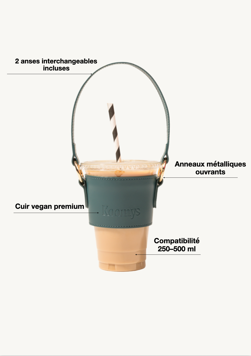 Porte-gobelet KOOMYS bleu en cuir vegan premium, anneaux métalliques ouvrants, 2 anses interchangeables incluses, compatibilité 250–500 ml.